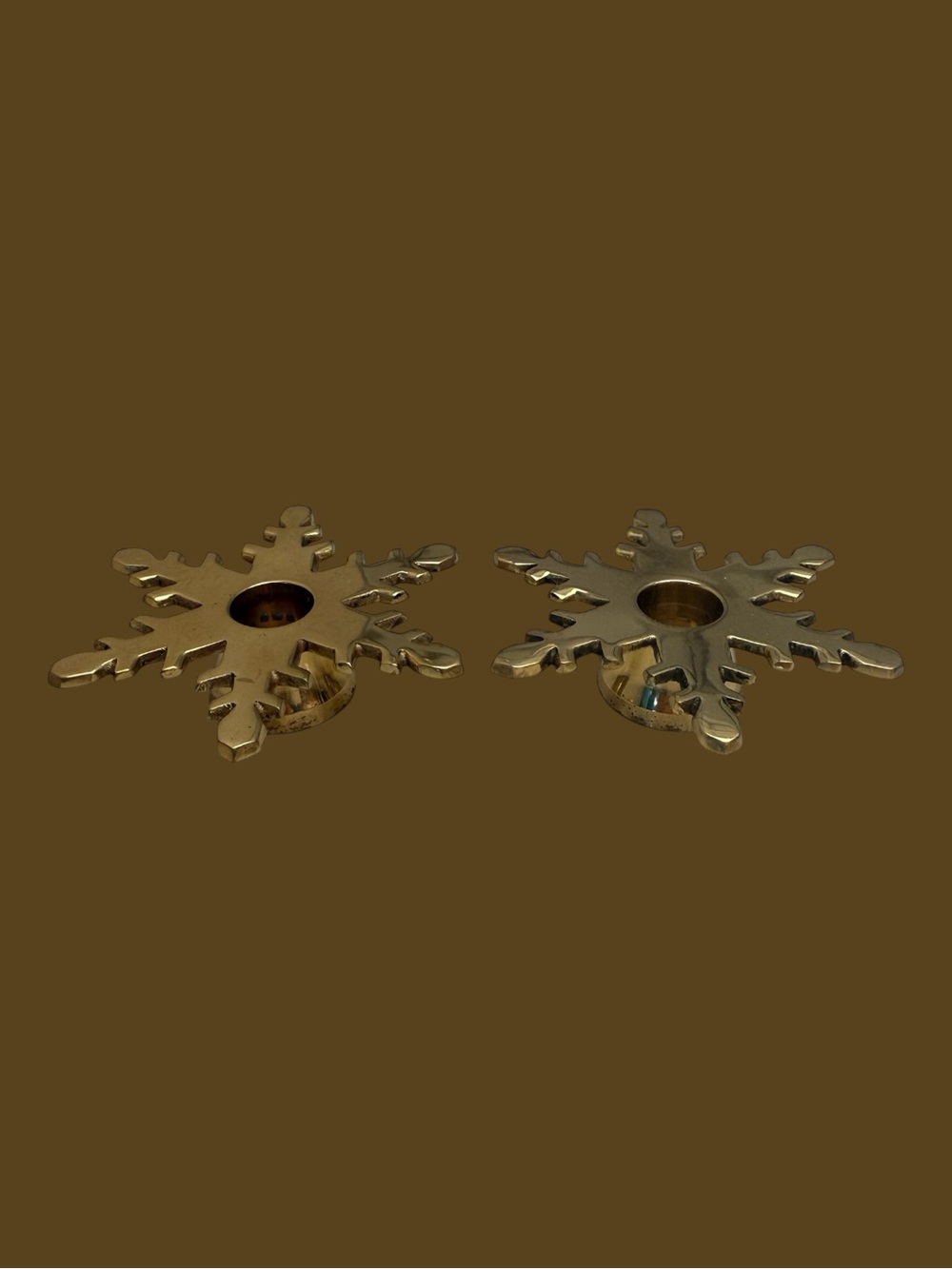 Pair of Vintage Brass Snowflake Candlestick Holders for Taper Candles